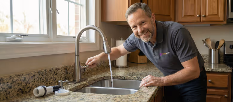 Professional kitchen faucet installation and minor plumbing repair in Calgary, featuring a skilled handyman testing a new stainless steel pull-down faucet on a granite countertop | Quickfix Handyman Inc.