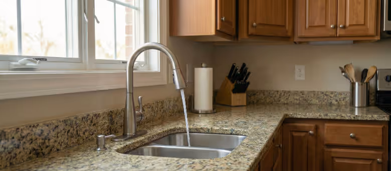 Completed kitchen plumbing upgrade in Calgary, showcasing a flawlessly installed modern faucet and soap dispenser on a clean granite sink area | Quickfix Handyman Inc.