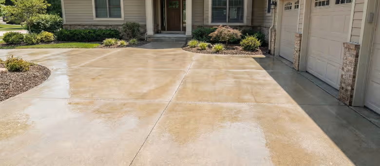 Completed driveway pressure washing in Calgary, showcasing a spotless and restored concrete surface after professional power washing and dirt removal | Quickfix Handyman Inc.