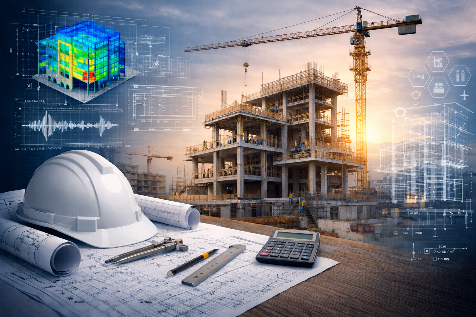 Multi-storey reinforced concrete building under construction with tower crane, representing structural design and engineering process