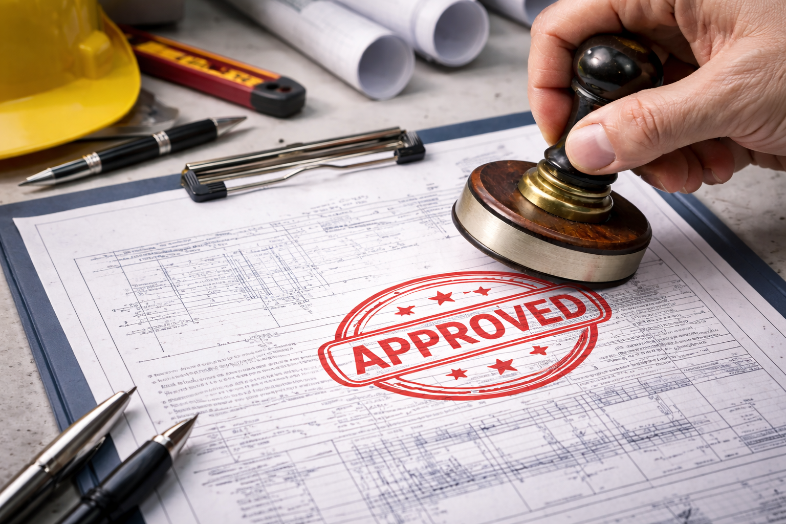 Approved structural drawings stamped for building stability certification and regulatory compliance