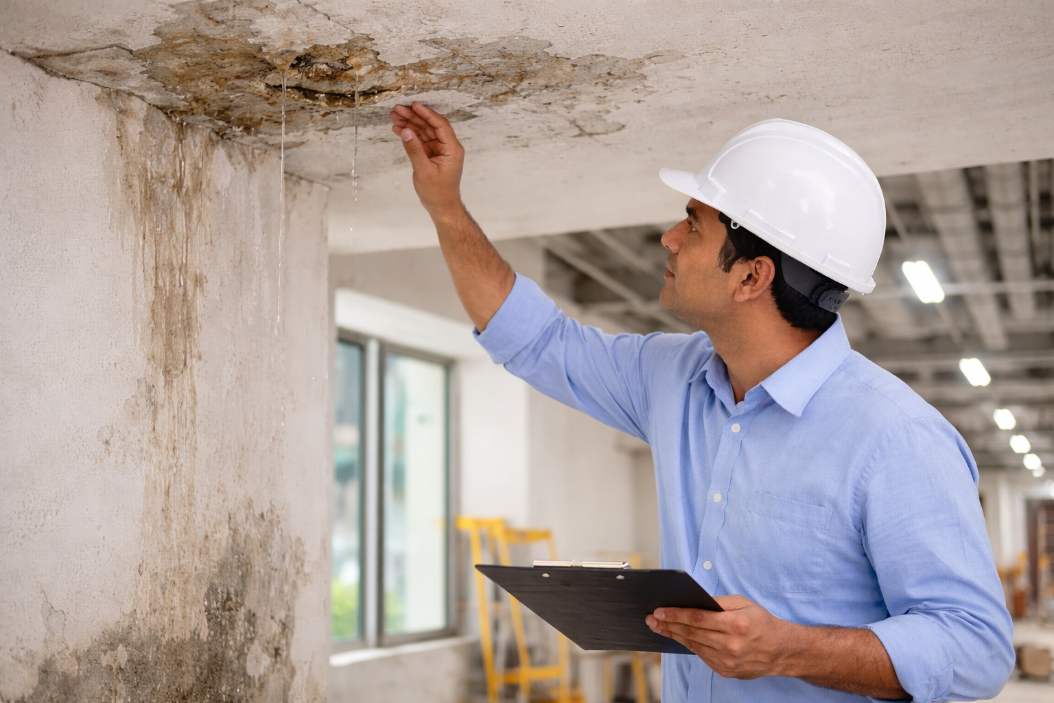 Structural engineer inspecting water leakage during building waterproofing audit