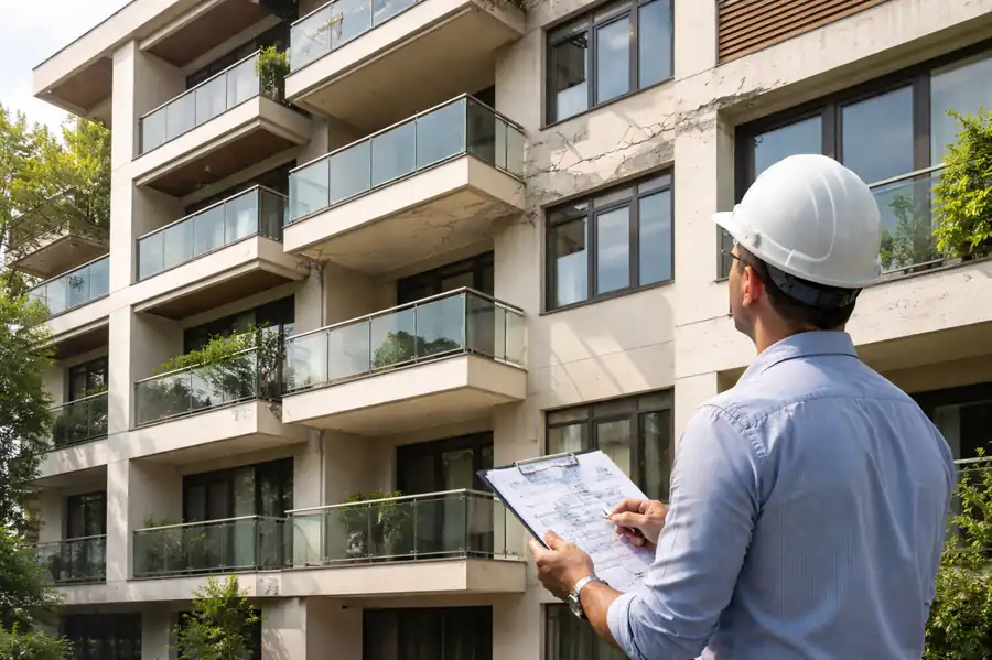 Structural engineer conducting on-site structural inspection of a residential building
