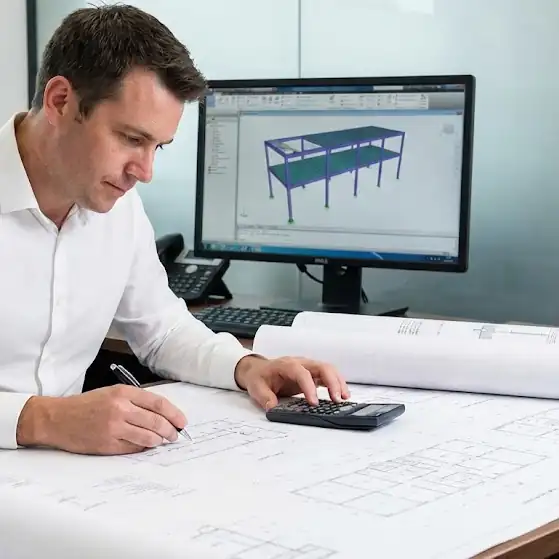 Structural Engineer reviewing blueprints to optimize steel costs