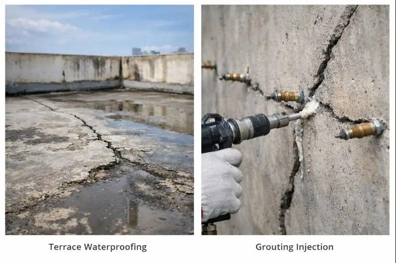 Damaged concrete terrace slab showing structural cracks causing water leakage in a residential building.