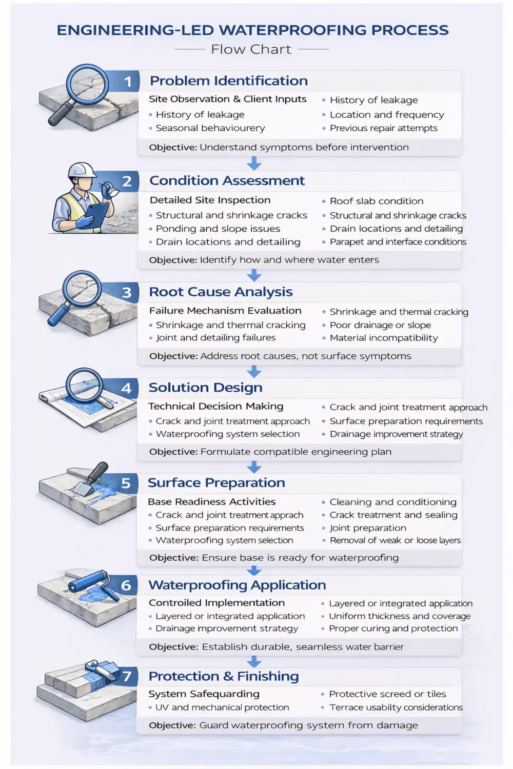 Engineering-led waterproofing methodology process flow chart for structural remediation in Chennai.