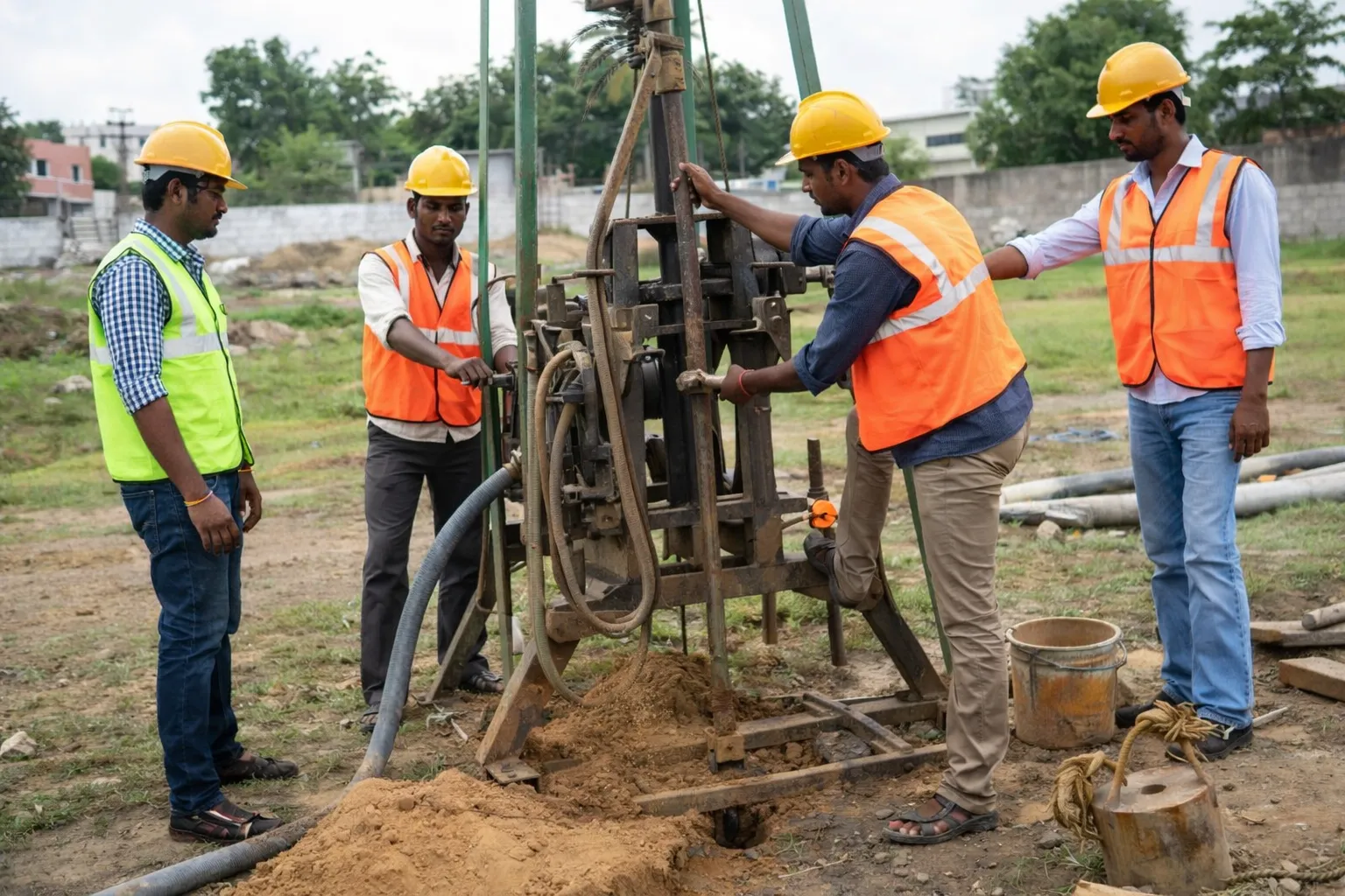 Geotechnical investigation drilling rig performing soil testing for building foundation in Chennai.