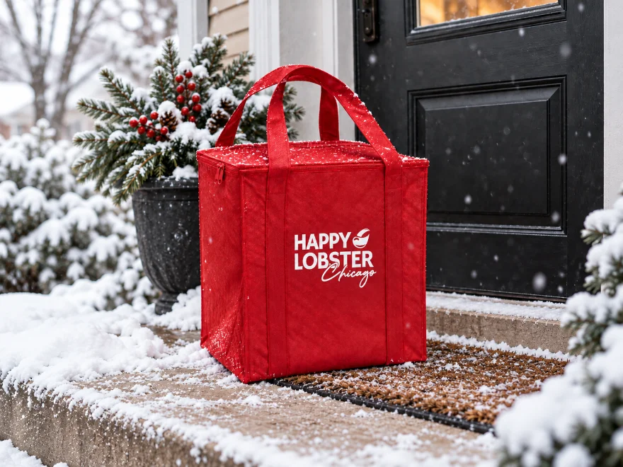 A Happy Lobster Club delivery bag on a snowy front step