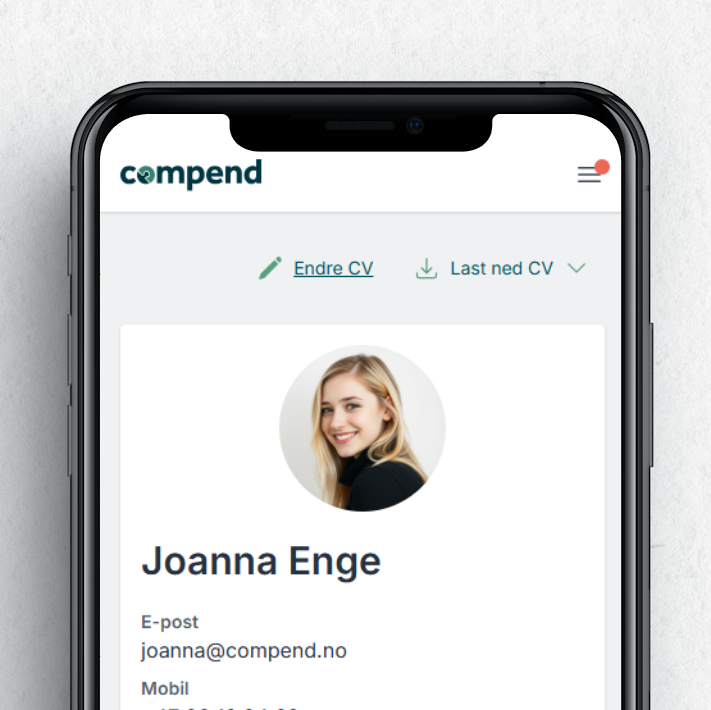 Nettbasert CV med profilbilde, kontaktinformasjon og redigeringsmuligheter.