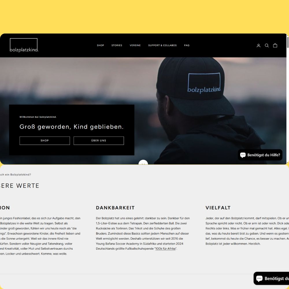 Website homepage with a man wearing a black cap with bolzplatzkind logo, featuring navigation menu and sections about values like gratitude and diversity.