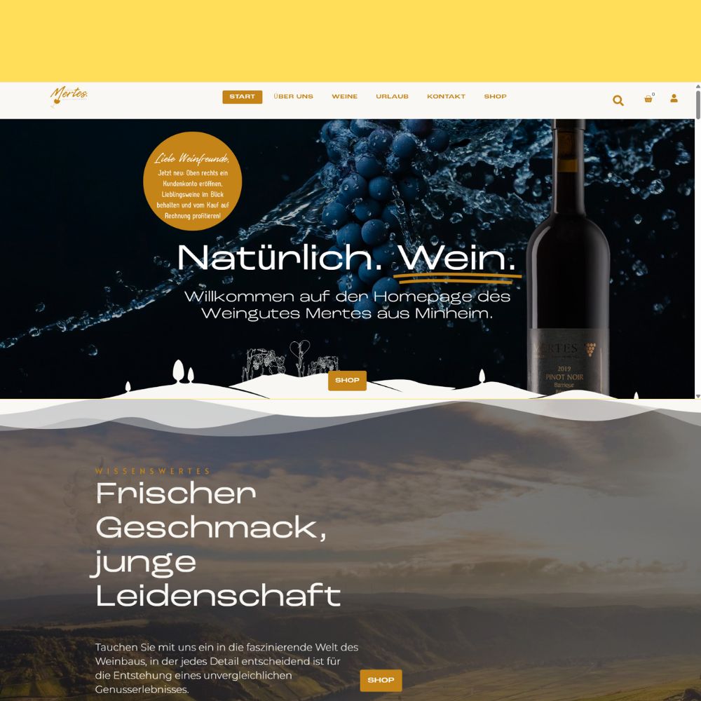 Website homepage with a dark background showing grapes with water splash and a Pinot Noir wine bottle, text welcoming visitors to Mertes winery from Minheim, and scenic vineyard landscape below.