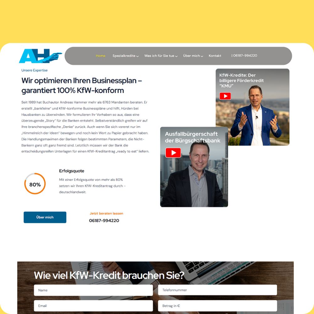 Website homepage of Andreas Hammer offering KfW-compliant business plan optimization with contact number, video thumbnails of experts, and a loan request form.
