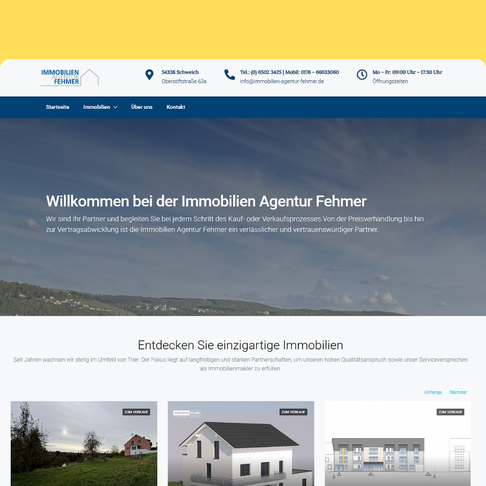 Website homepage of Immobilien Agentur Fehmer showing a blue and white navigation bar with contact details and property listings section.