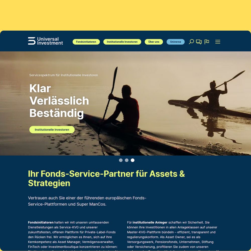 Website header showing two people kayaking on calm water at sunset with overlay text about reliable service for institutional investors.