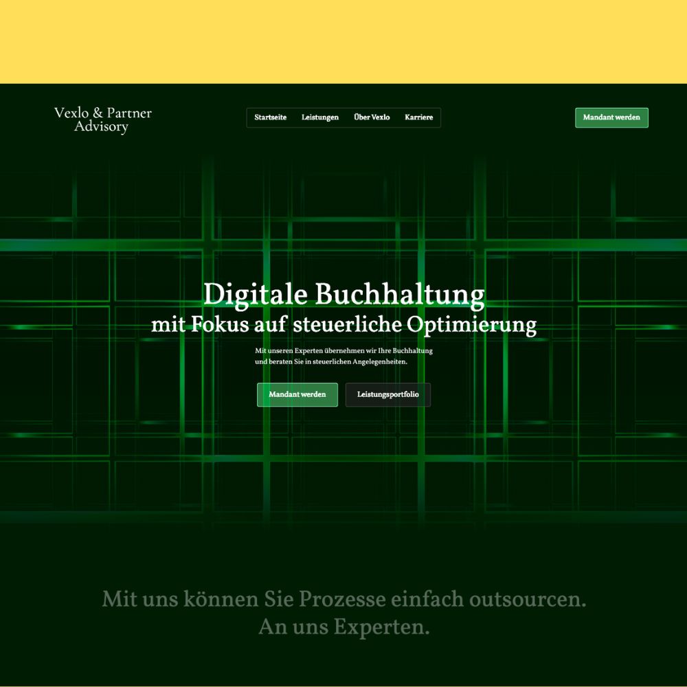 Website homepage of Vexlo & Partner Advisory with digital accounting focus and green geometric background, featuring navigation and call-to-action buttons.