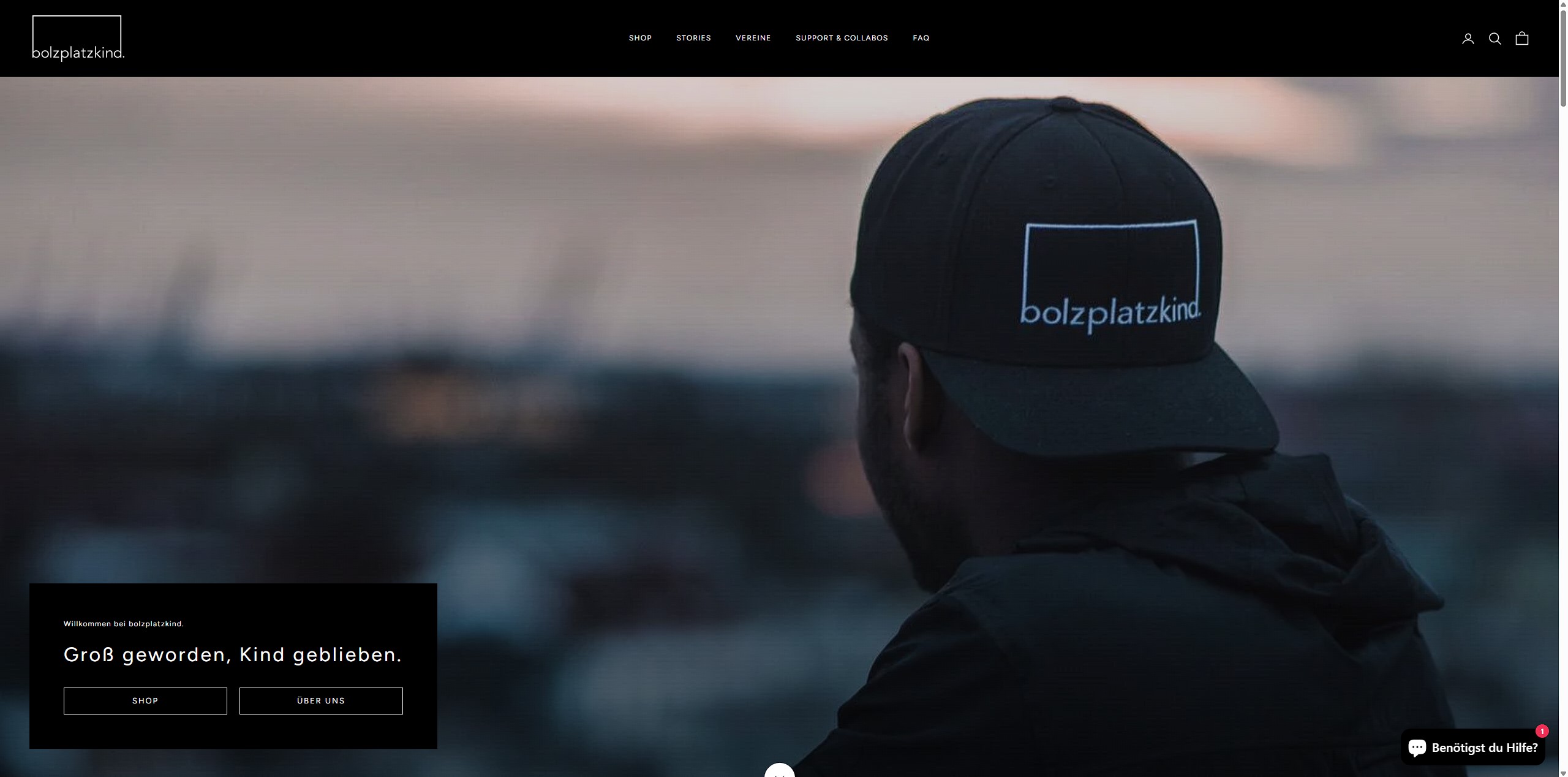 Website homepage showing a man wearing a black bolzplatzkind hat, with menu options and buttons for Shop and About Us.
