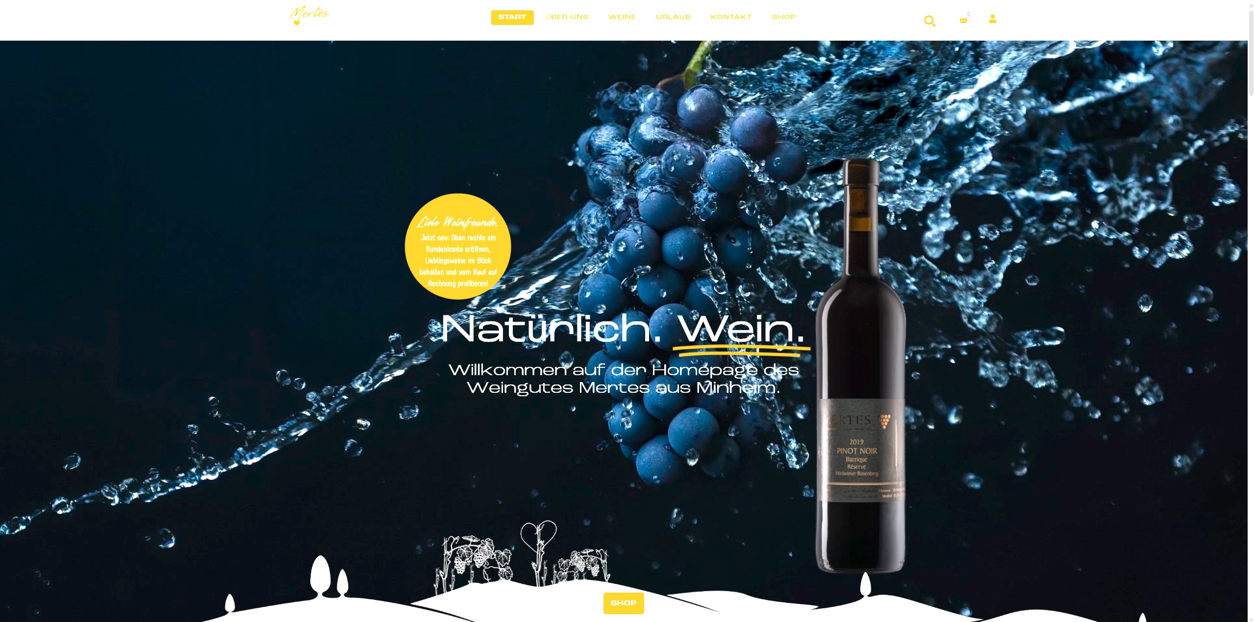 Website homepage with a wine bottle, grapes with water splash, and text welcoming visitors to Weingut Mertes winery.