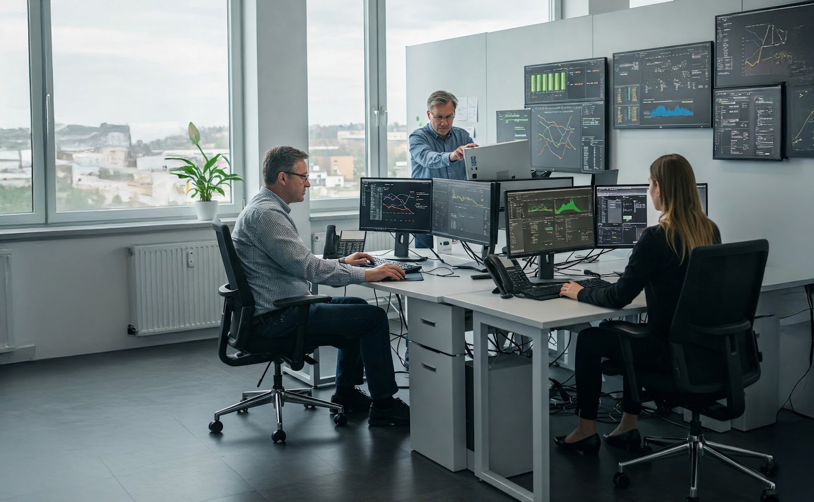 detacon IT-Sicherheitsexperten analysieren Bedrohungsdaten auf mehreren Bildschirmen im Security Operations Center.