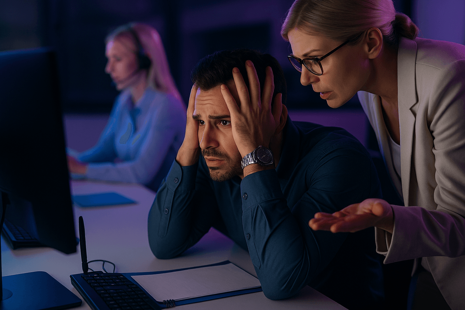 IT-Sicherheitsexpertin unterstützt gestressten Kollegen bei kritischem Cyberangriff.