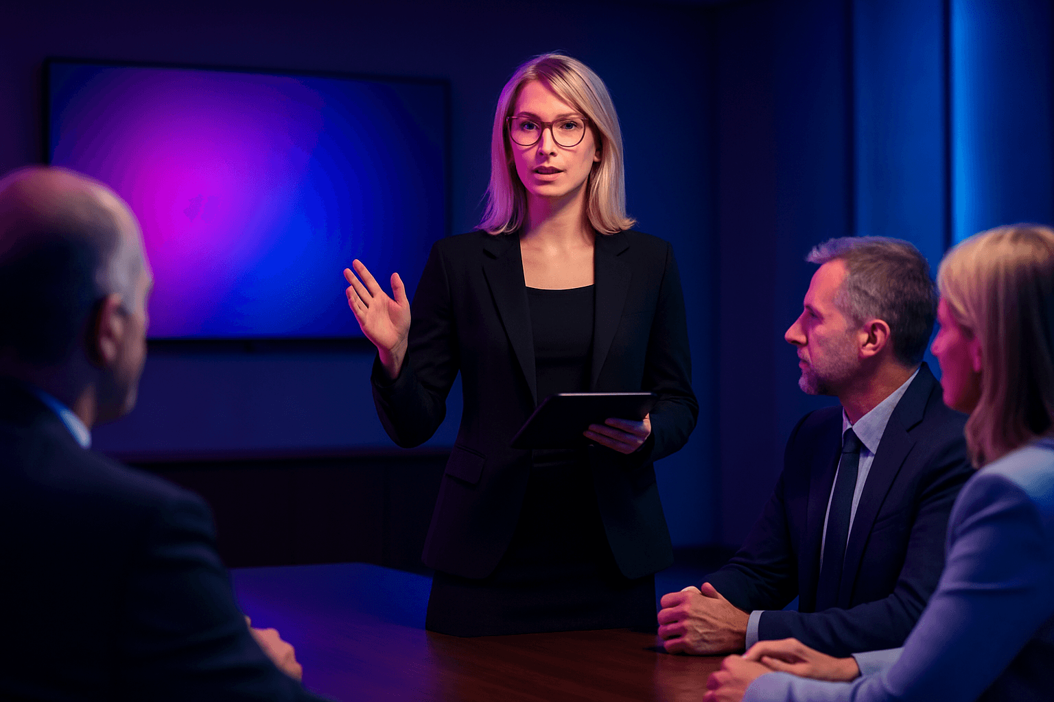 detacon IT-Sicherheitsexpertin präsentiert Cybersicherheitsstrategien im Meeting