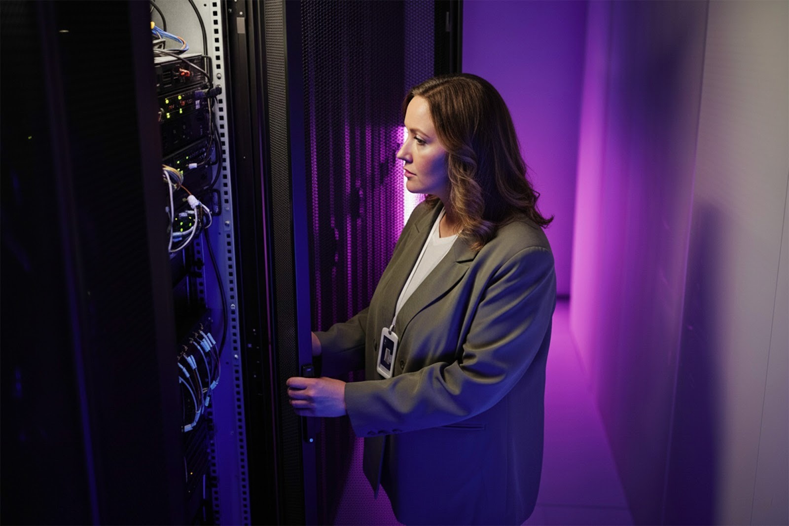 Frau öffnet einen Serverschrank in einem Rechenzentrum