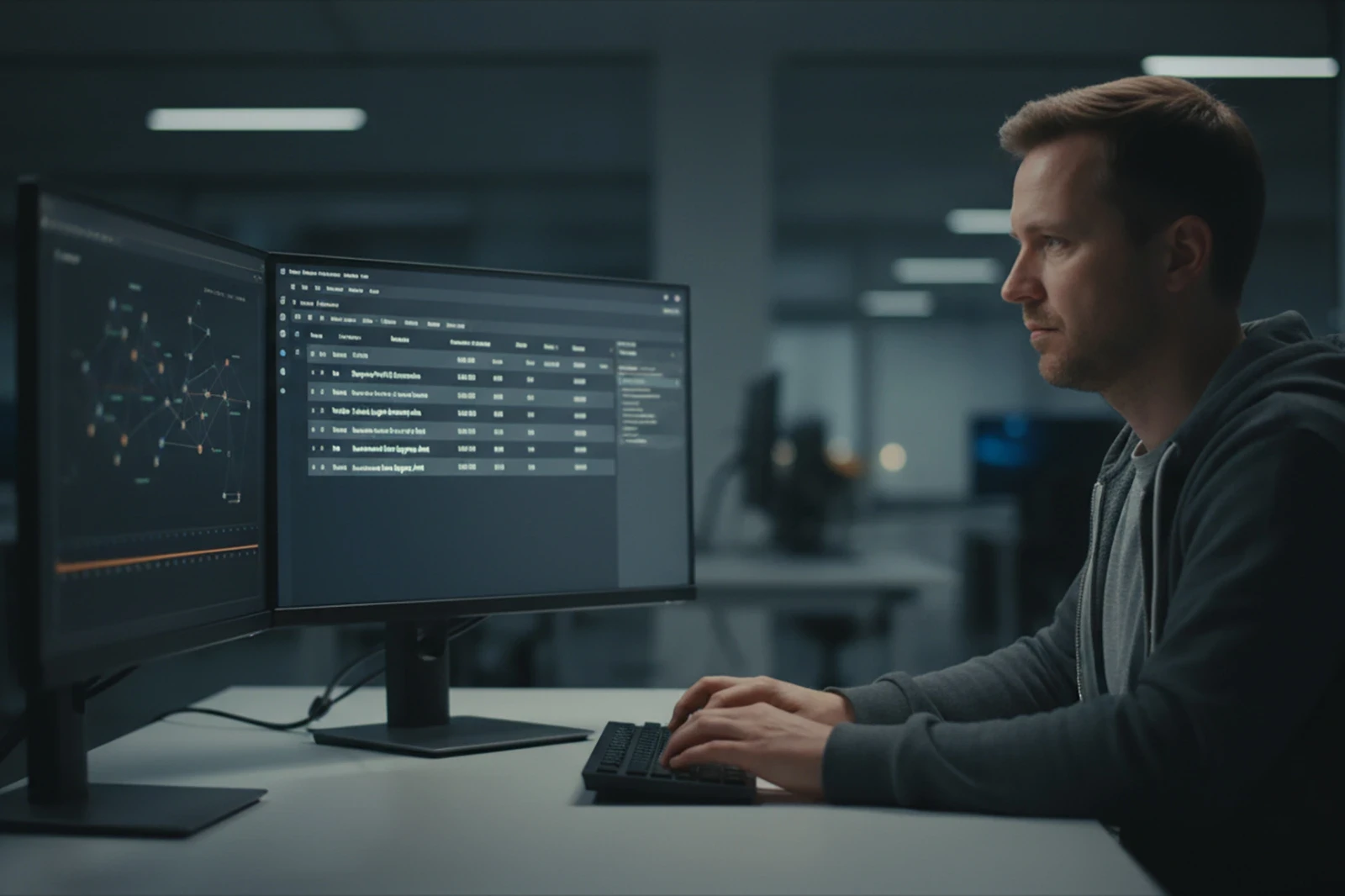 Security Analyst im SOC vor zwei Bildschirmen – Überwachung und Incident Response