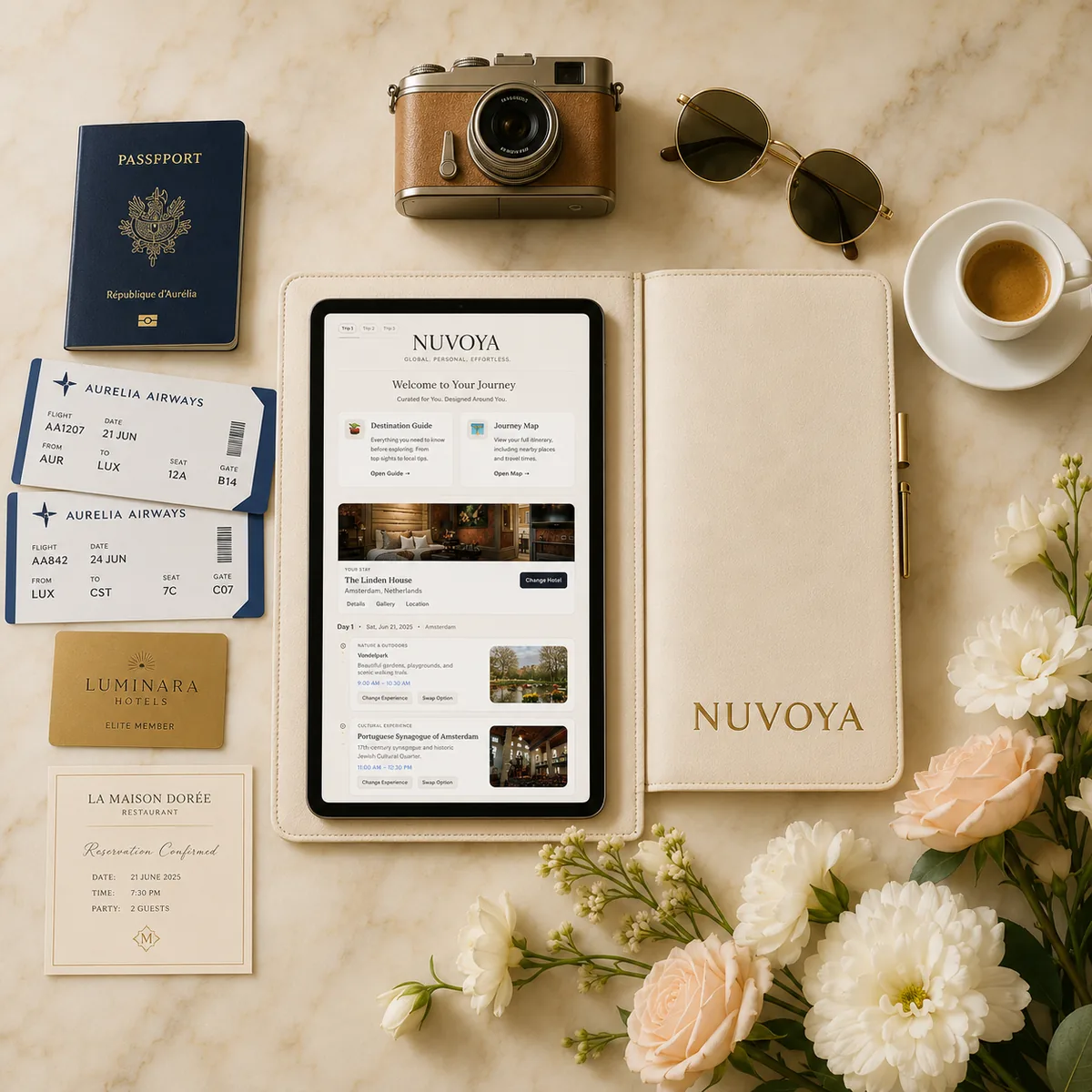 Nuvoya luxury travel itinerary displayed on a tablet beside premium travel essentials including a passport, boarding passes, hotel key card, camera, sunglasses, and coffee.