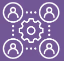 Icon showing four user symbols connected around a central gear representing network and collaboration.