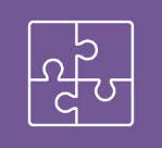 White line drawing of four interconnected puzzle pieces forming a square on a purple background.