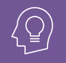 White outline of a head with a light bulb inside, symbolizing an idea, on a purple background.
