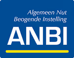Blue square with white text 'Algemeen Nut Beogende Instelling ANBI' and a yellow underline beneath ANBI.