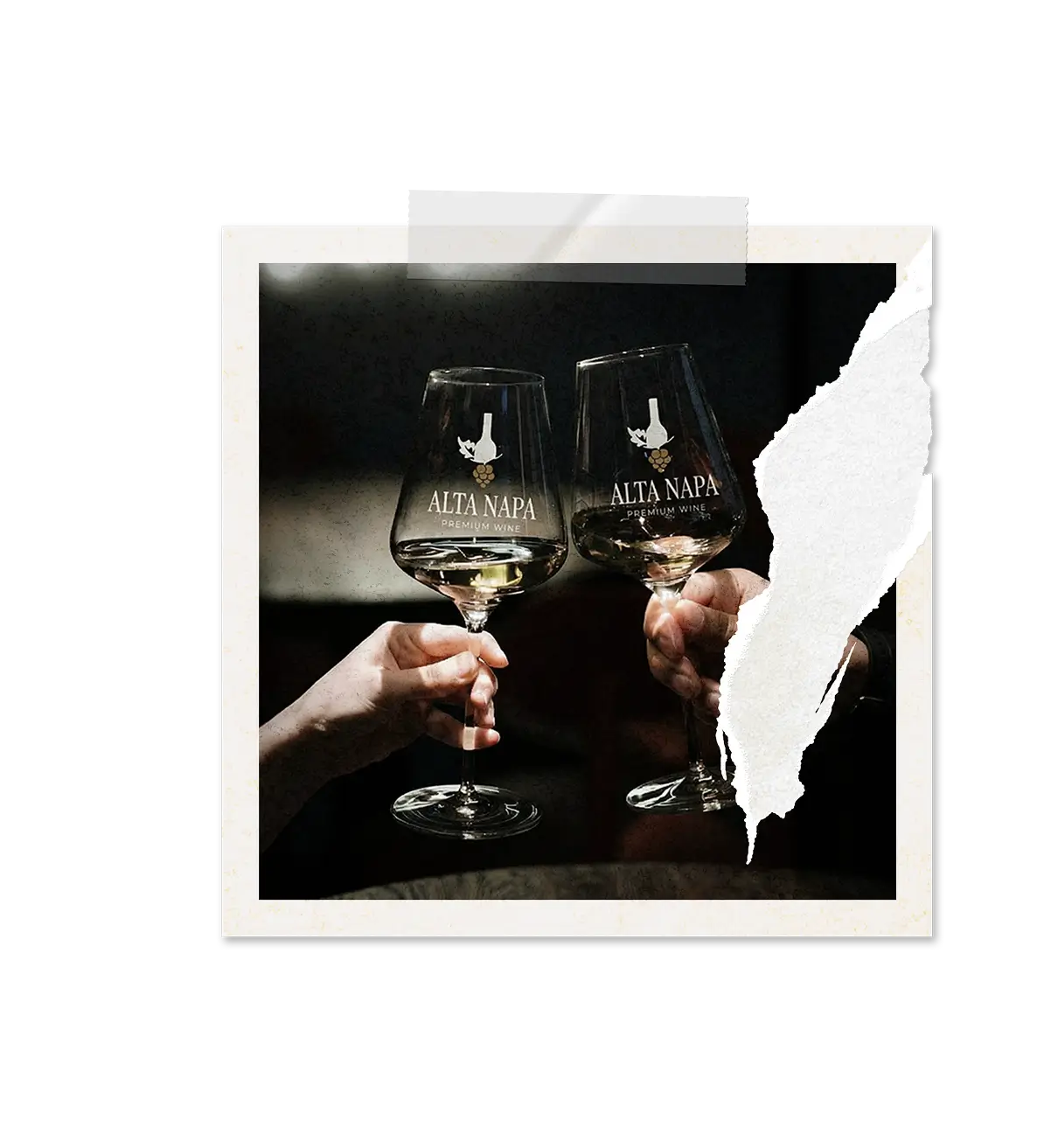 Two hands clinking wine glasses with Alta Napa Premium Wine logo.