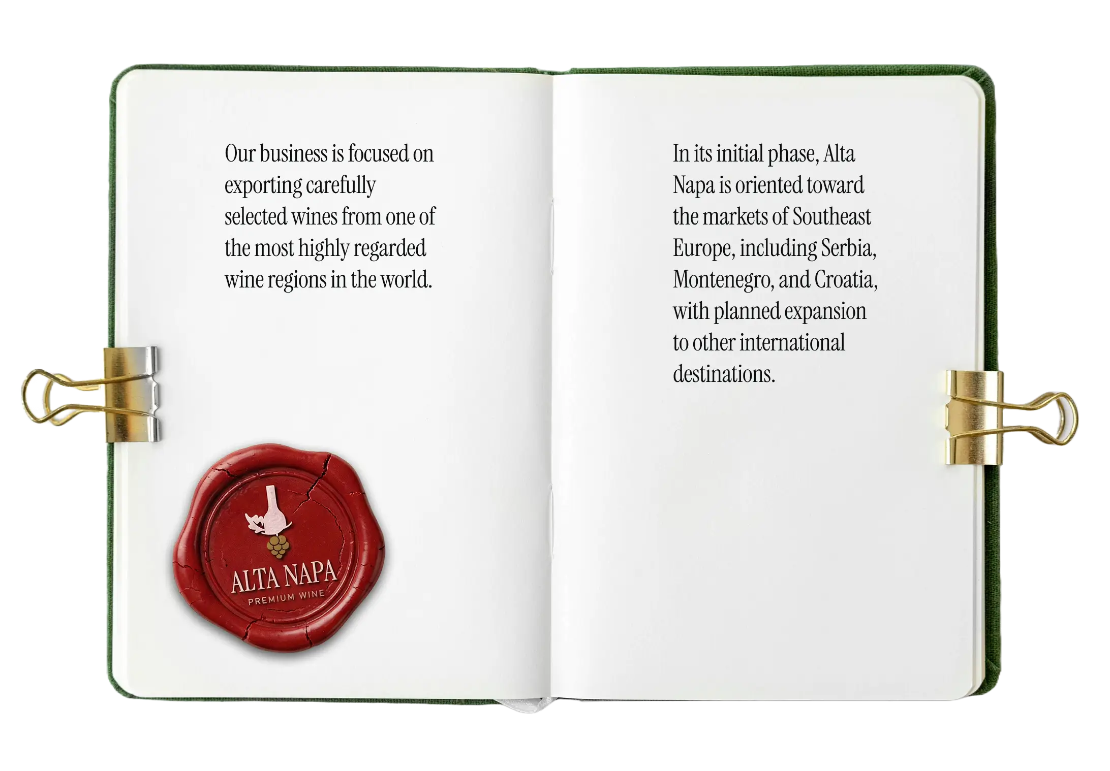 Open book with text about Alta Napa's focus on exporting premium wines from a respected wine region and targeting Southeast European markets including Serbia, Montenegro, and Croatia, featuring a red Alta Napa wax seal.
