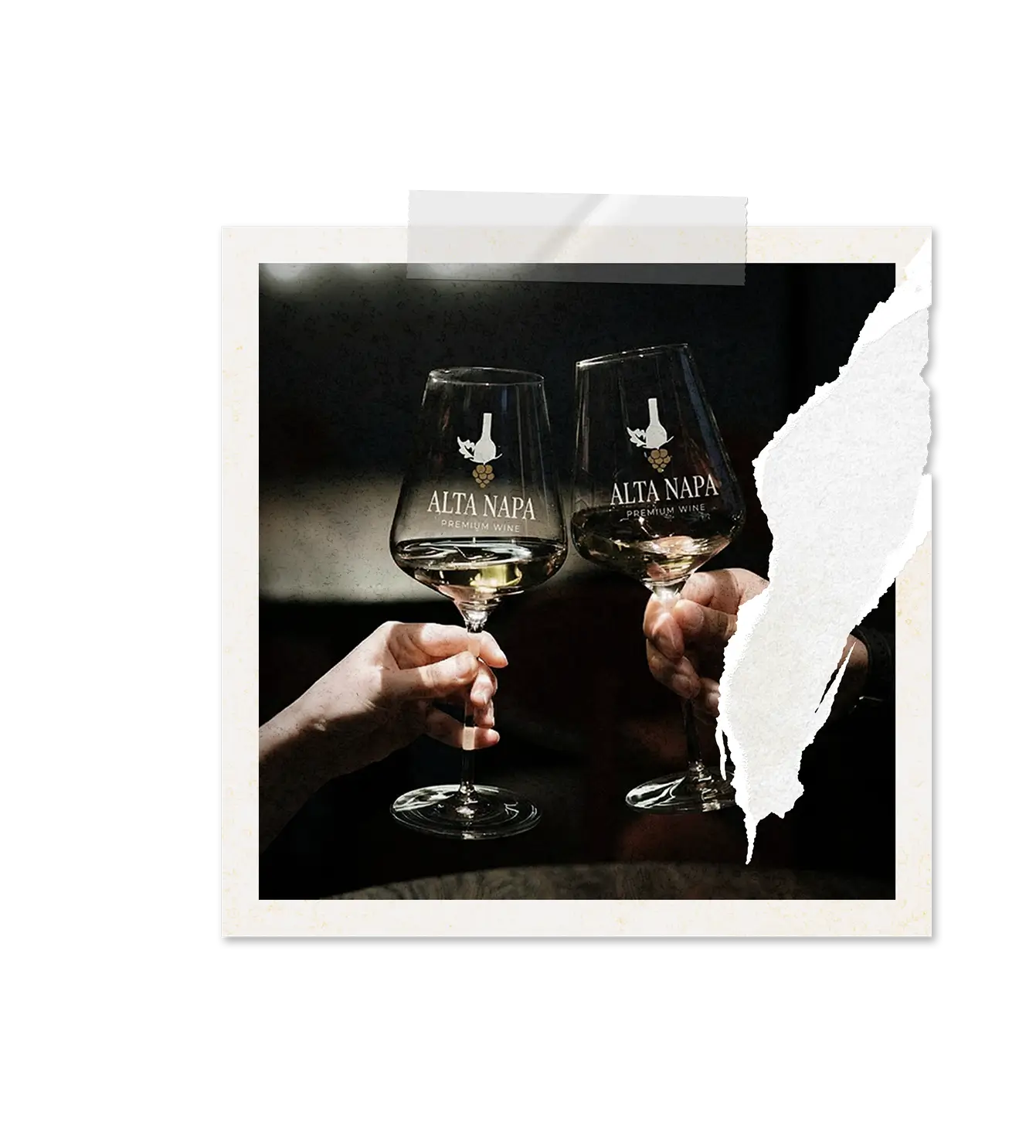 Two hands holding wine glasses with Alta Napa Premium Wine logos, clinking together in a toast.
