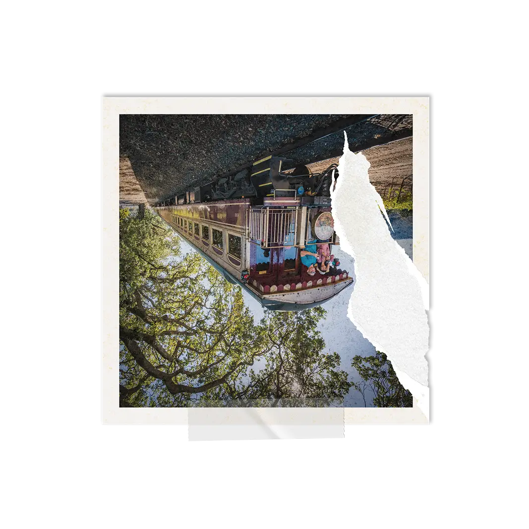 Vintage train on tracks surrounded by trees under a clear sky, with part of the photo torn on the right side.