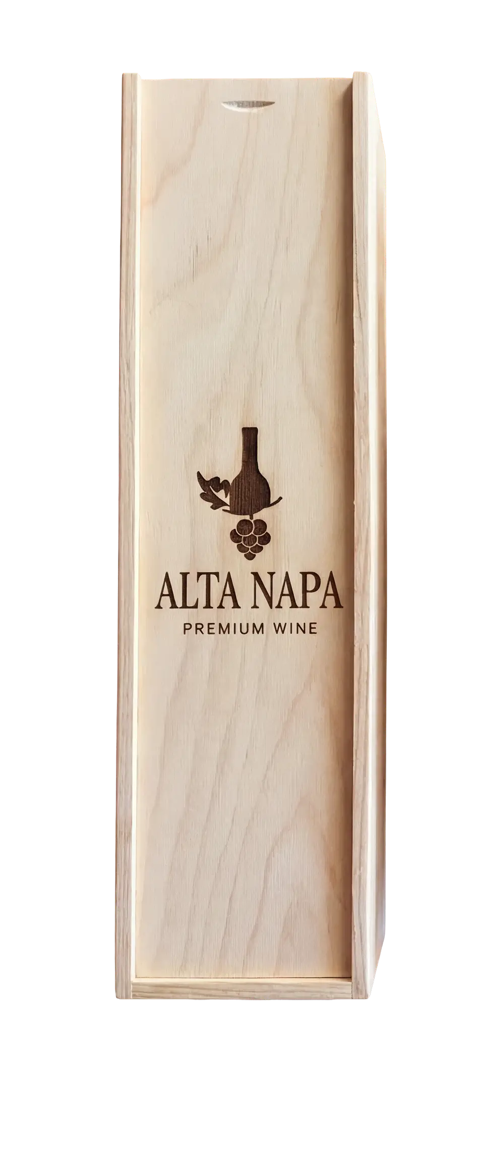 Wooden wine box with engraving of a wine bottle, grape cluster, and the text Alta Napa Premium Wine.