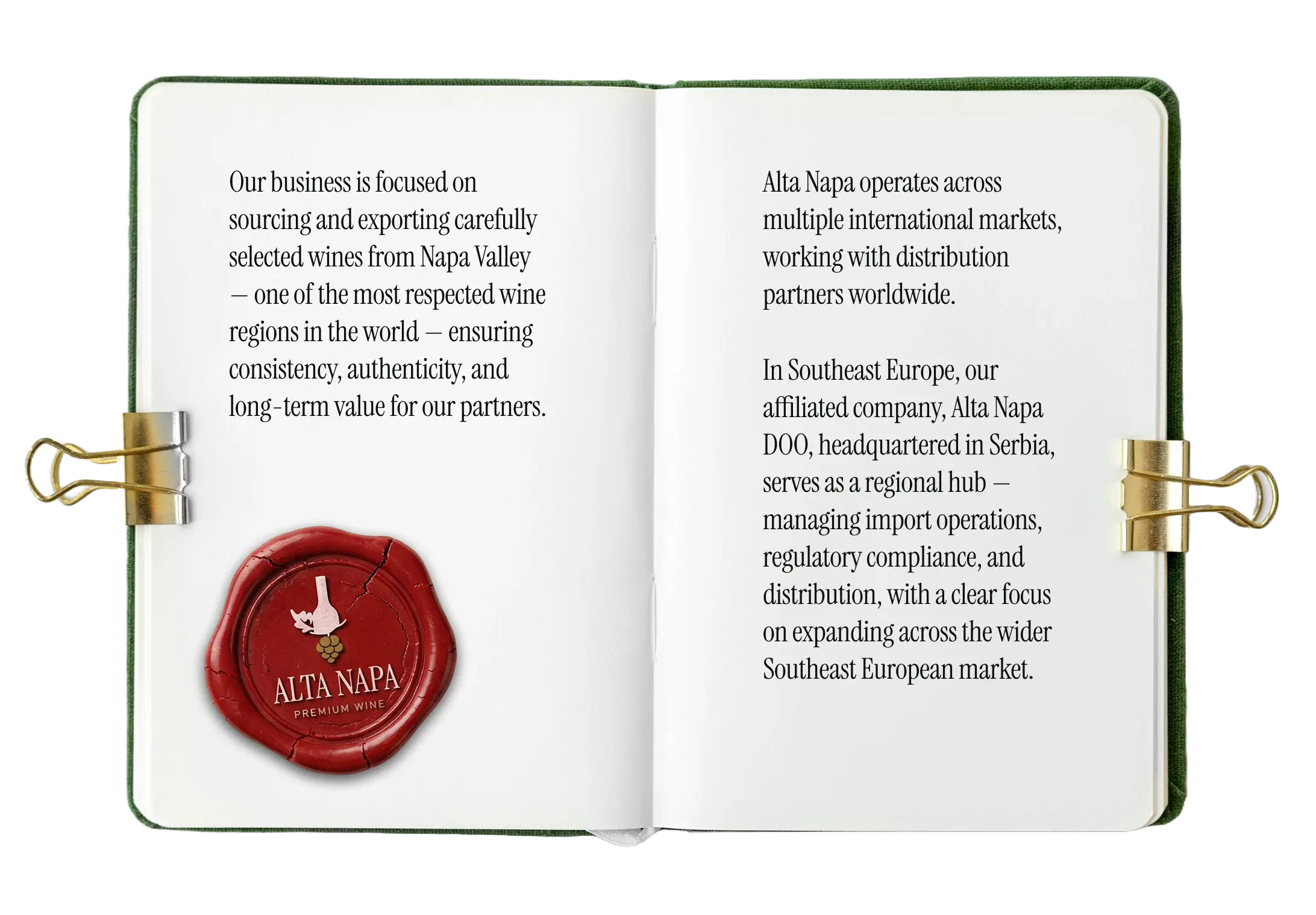 Open book with text about Alta Napa's focus on exporting premium wines from a respected wine region and targeting Southeast European markets including Serbia, Montenegro, and Croatia, featuring a red Alta Napa wax seal.