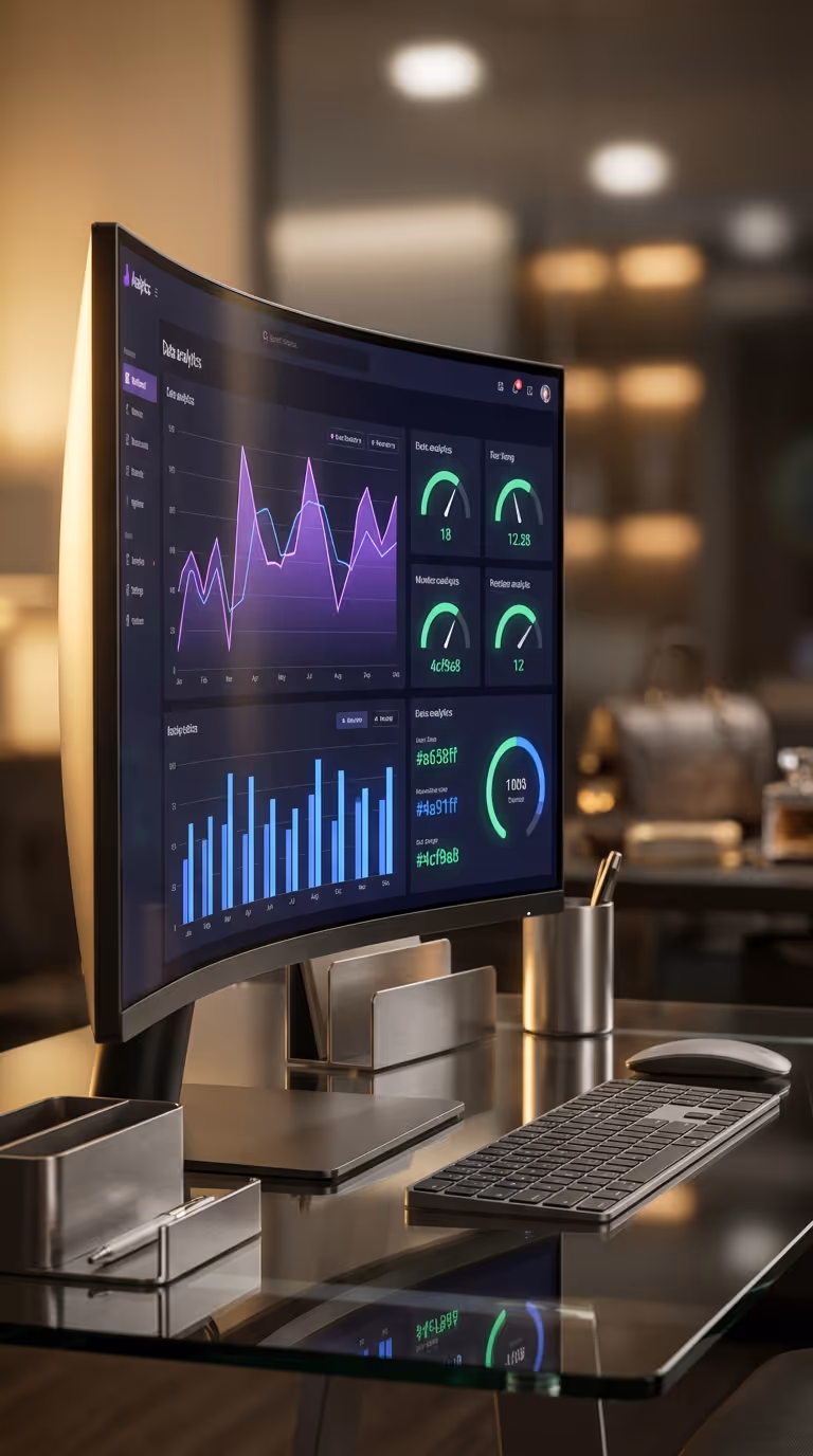 Curved computer monitor displaying data analytics with graphs and gauges on a modern desk with keyboard, mouse, and pen holder.