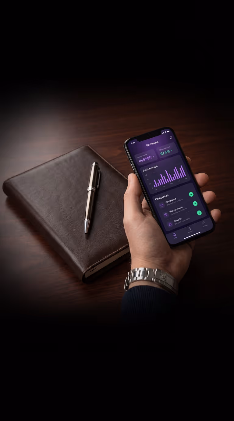 Hand holding a smartphone displaying a purple dashboard app with charts and statistics, next to a dark brown leather notebook with a silver pen on a wooden surface.