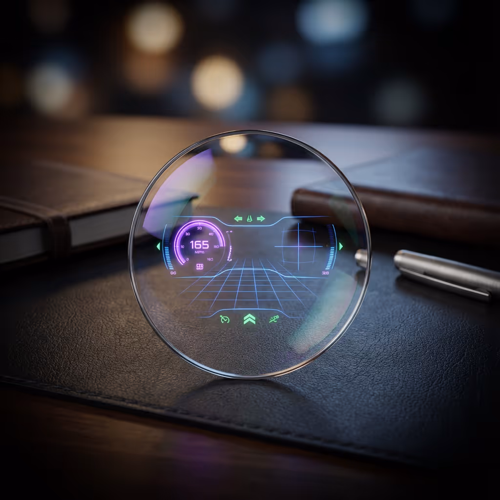 Transparent futuristic car HUD display showing speed 165 MPH and directional arrows, placed on a desk with notebooks and a pen.