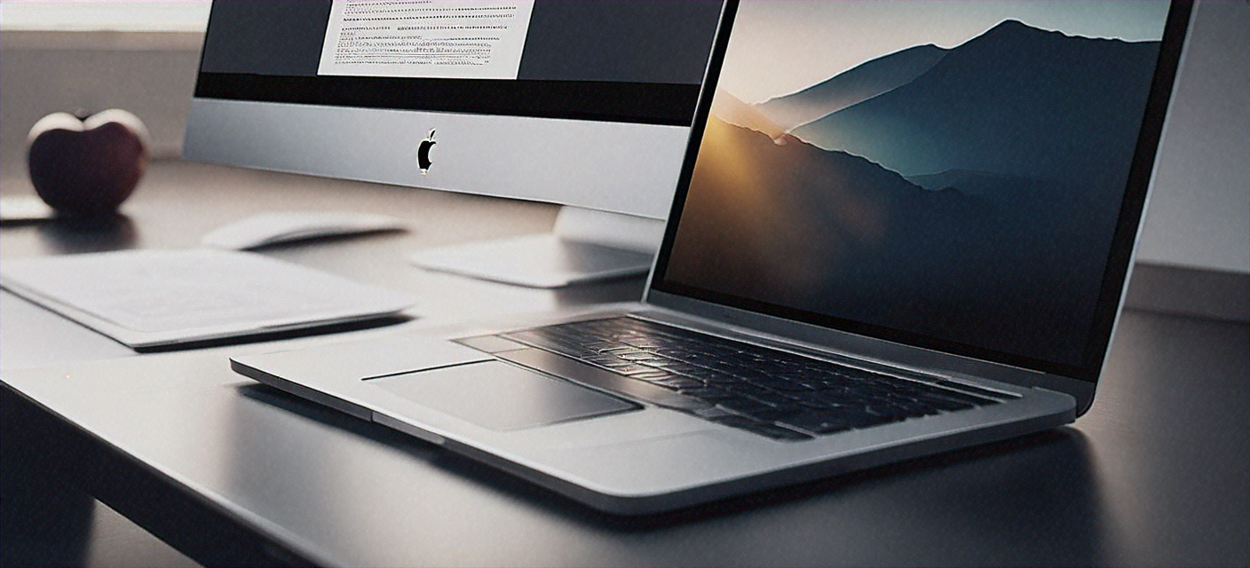 Workspace with a laptop open showing a mountain landscape on screen, an iMac displaying text, an apple, and papers on a desk.