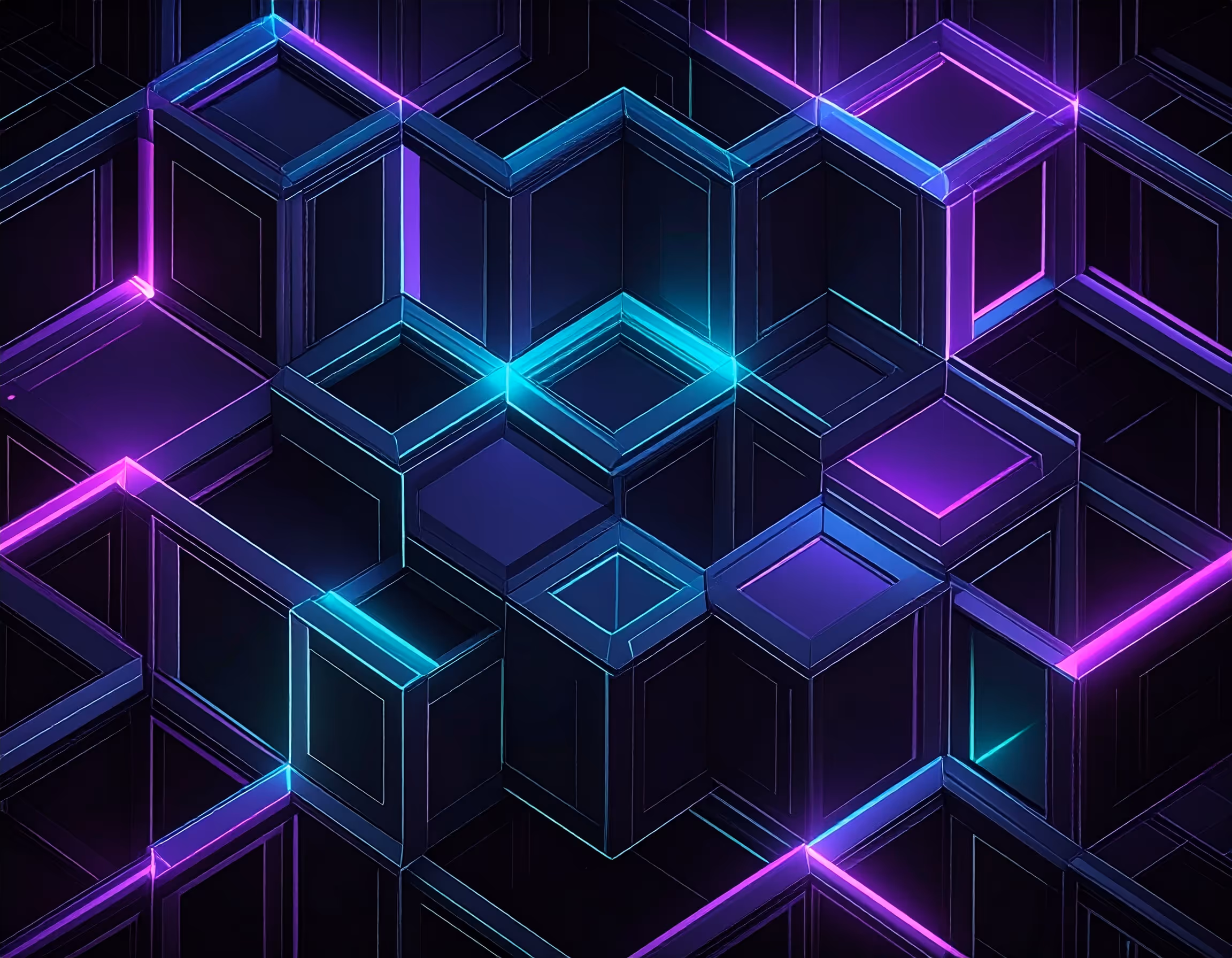 3D geometric cubes with neon blue and purple lighting on a dark background.