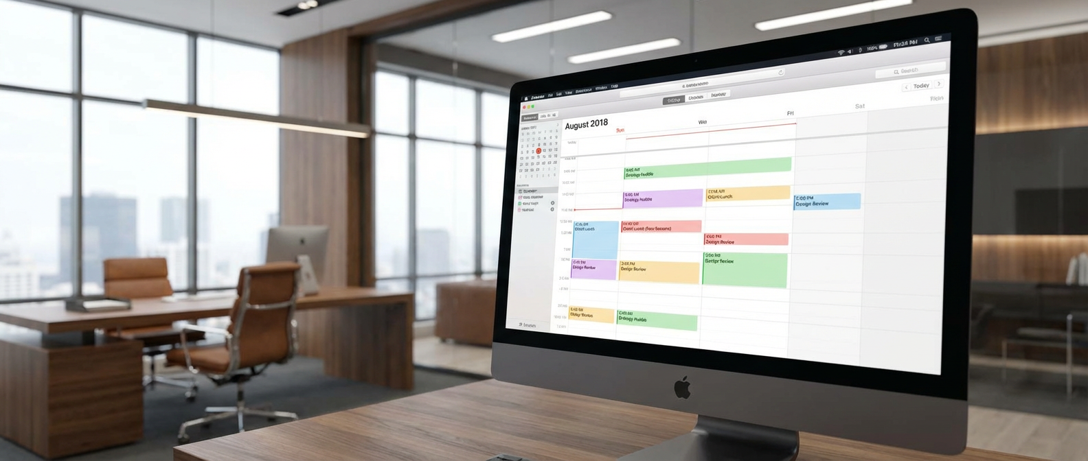 Modern office workspace with wooden desk and leather chairs, featuring an iMac displaying a colorful calendar for August 2018.