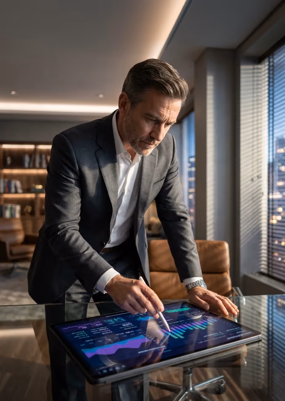 Businessman in a suit uses a stylus on a large touchscreen table displaying colorful financial charts in an office.