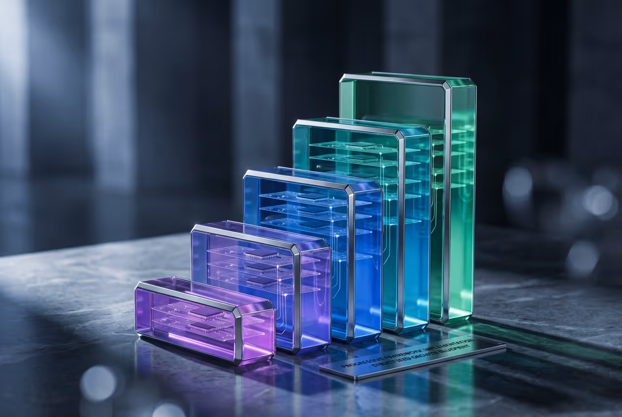 Five transparent rectangular blocks in purple, blue, teal, and green, arranged in ascending size on a reflective surface with a blurred dark background.
