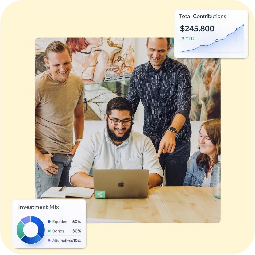 Colleagues gathered around a laptop, with contribution growth and investment mix previews.