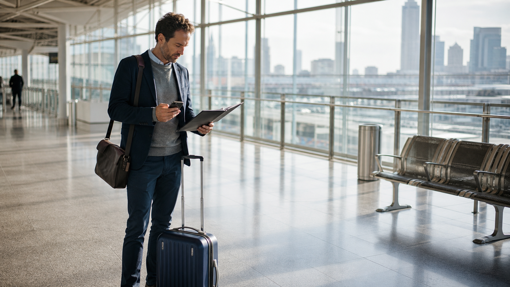 Professional relocating internationally while reviewing retirement benefit documents.