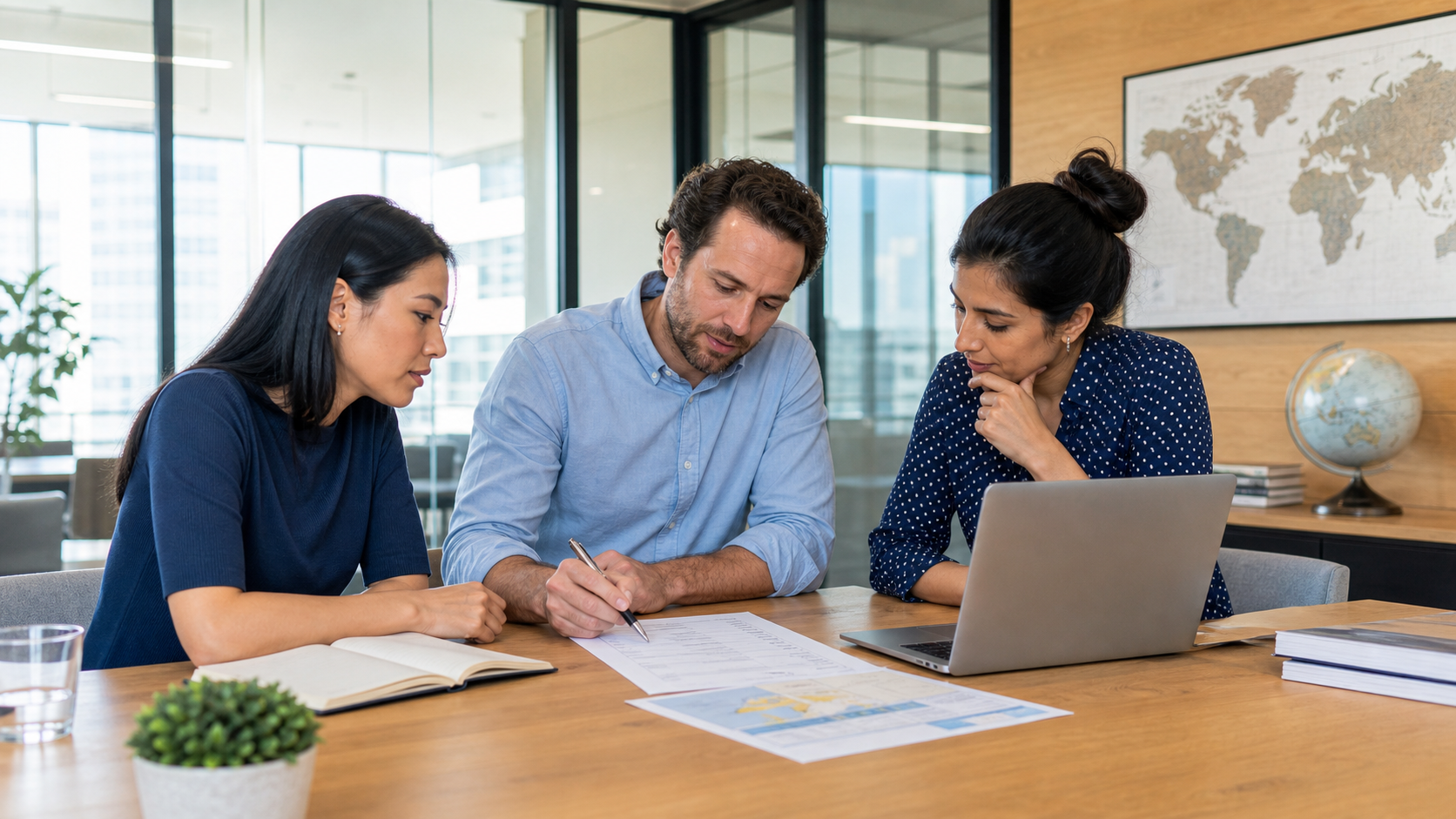 A cross-functional team reviewing global hiring and employee benefits compliance requirements.