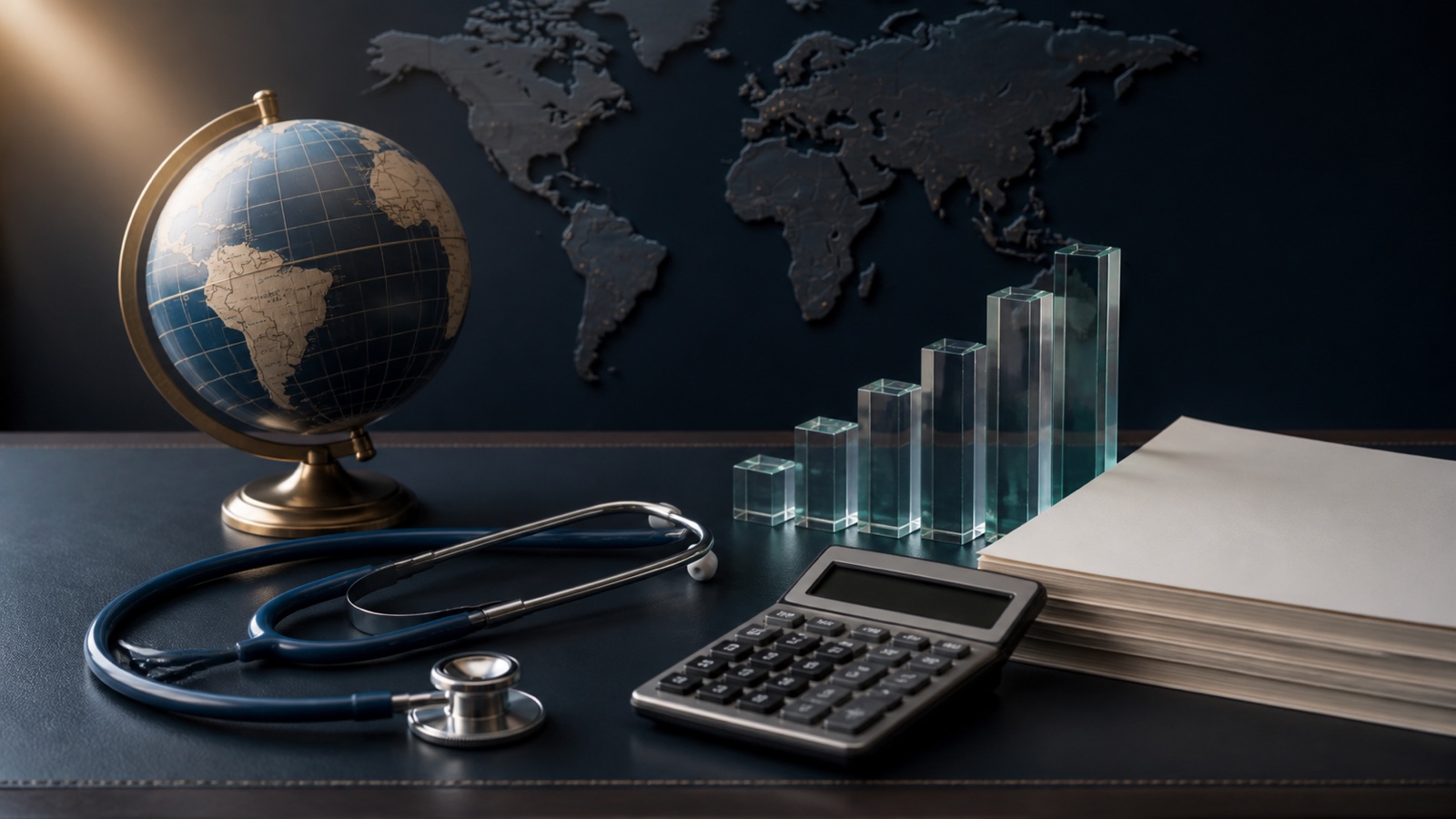 International health insurance renewal budgeting with a globe, stethoscope, calculator, and rising cost bars
