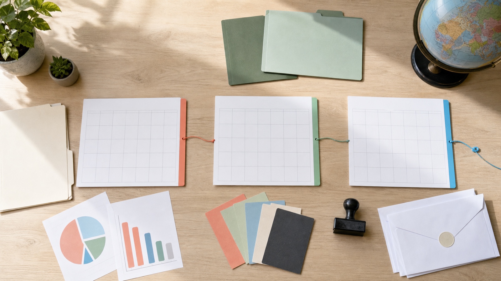 Three-stage global benefits renewal planning calendar on a sunlit office desk